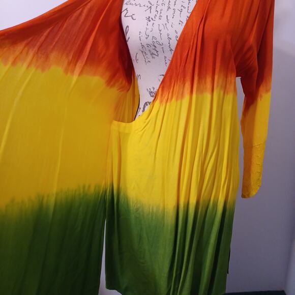 Rainbow Dress ONE SIZE Tie-dye Ombre Wrap Front Cover Up Embroidered Sleeve NEW - Picture 4 of 10
